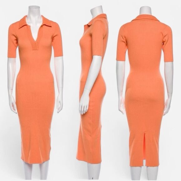 Caroline Constas Dresses & Skirts - Caroline Constas Ribbed Knit Orange Crochet Polo Collar Midi Dress Medium